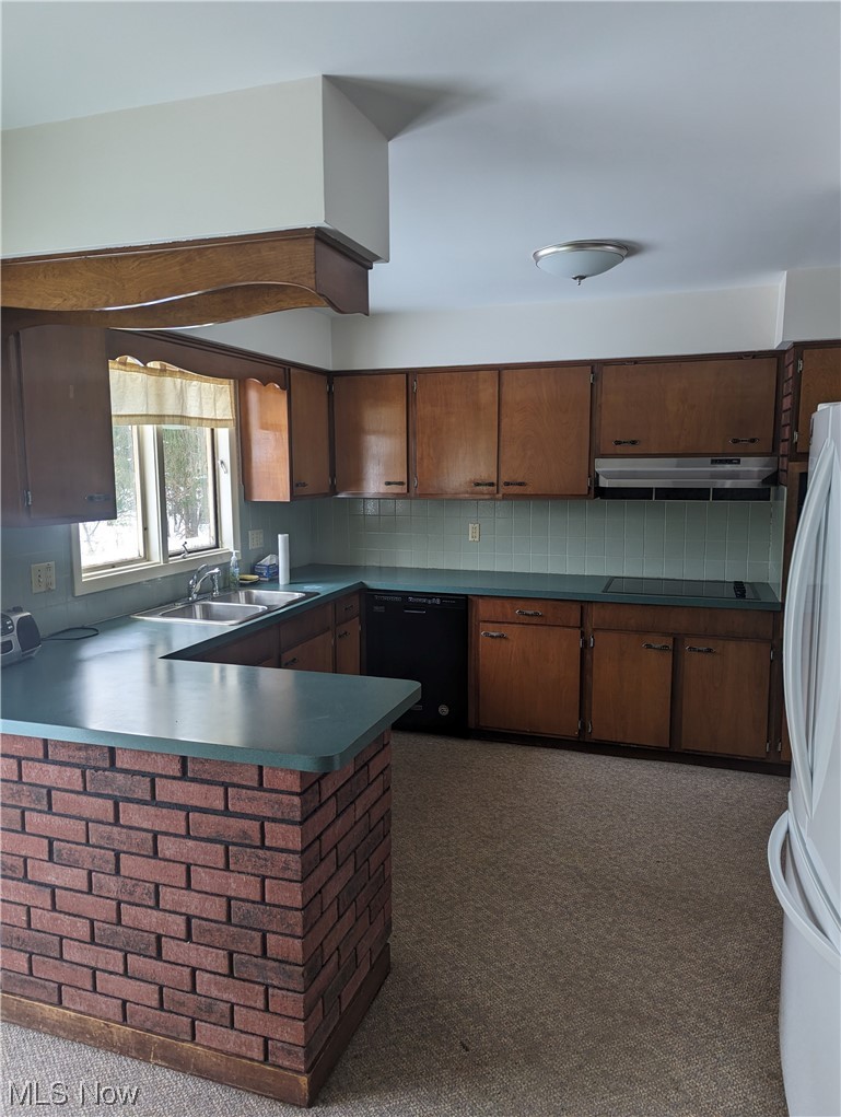 276 Paradise Road Painesville, OH 44077 - Photo 11 of 31 Kitchen featuring white refrigerator, sink, dark colored carpet, dishwasher, and backsplash