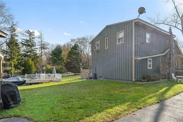a view of a park with large trees