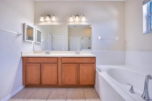 a bathroom with a bathtub sink and a mirror