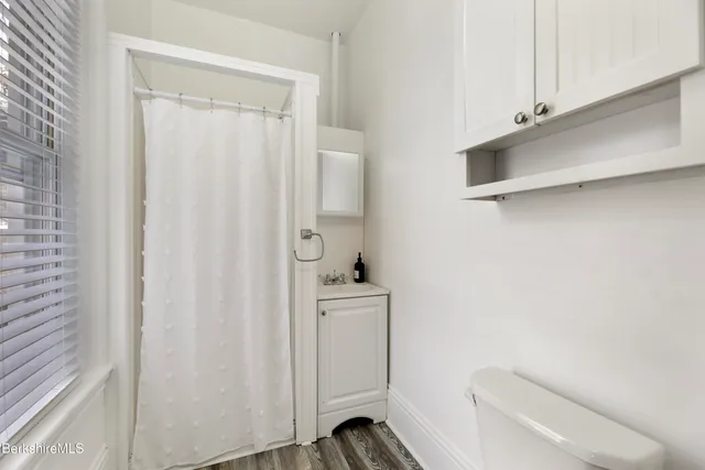 a bathroom with a sink a toilet and shower