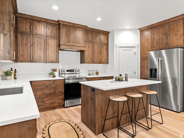 1267 West 2350 South Perry, UT 84302 - Photo 20 of 35 Modern kitchen featuring wood-finish cabinetry, white countertops, and stainless steel appliances