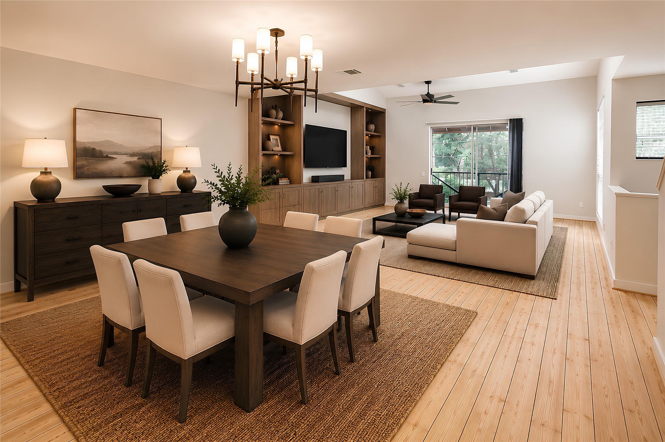 910 Ruthven Street Houston, TX 77019 - Photo 3 of 35 Virtually staged dining living combination. Note pine plank floors, and cathedral living room.