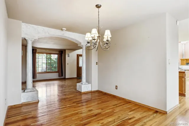 a view of a chandelier in a room