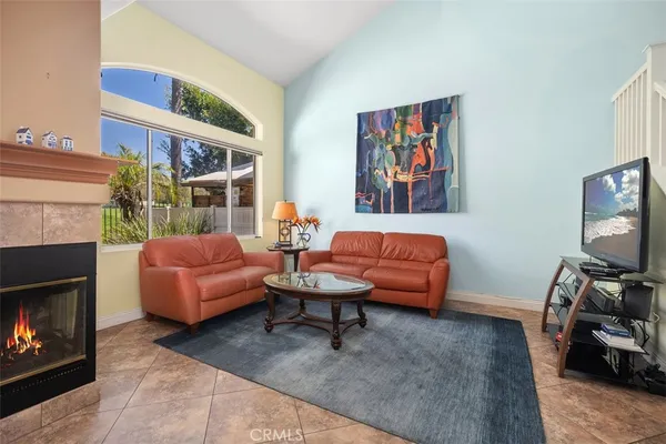 a living room with furniture a fireplace and a flat screen tv