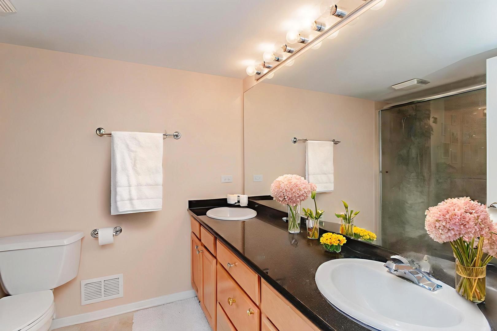 500 South Clinton Street, Unit 743 Chicago, IL 60607 - Photo 10 of 16 a bathroom with a granite countertop sink a toilet a mirror and shower