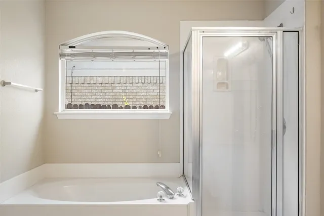 a bathroom with a bathtub and a shower