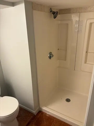 a bathroom with a shower and a toilet
