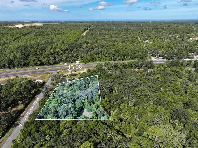 an aerial view of residential houses with outdoor space and trees