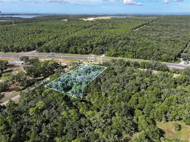 an aerial view of residential houses with outdoor space and trees