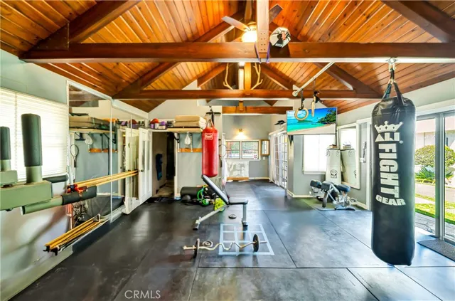 an aerial view of a house with a garden