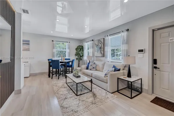 a living room with furniture and white walls
