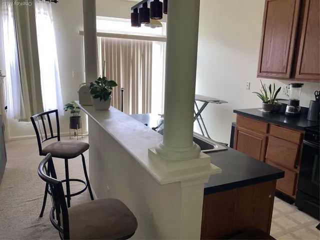 a view of a dining room with furniture and a potted plant