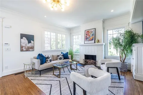 a living room with furniture a fireplace and a potted plant