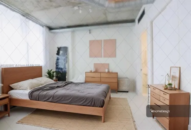 a bedroom with a bed and a mirror