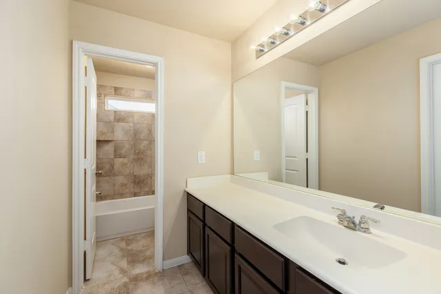 a bathroom with a sink a mirror and a shower
