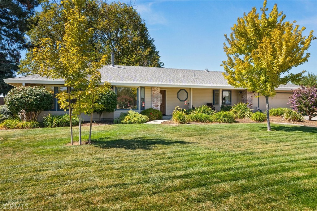a front view of house with a garden