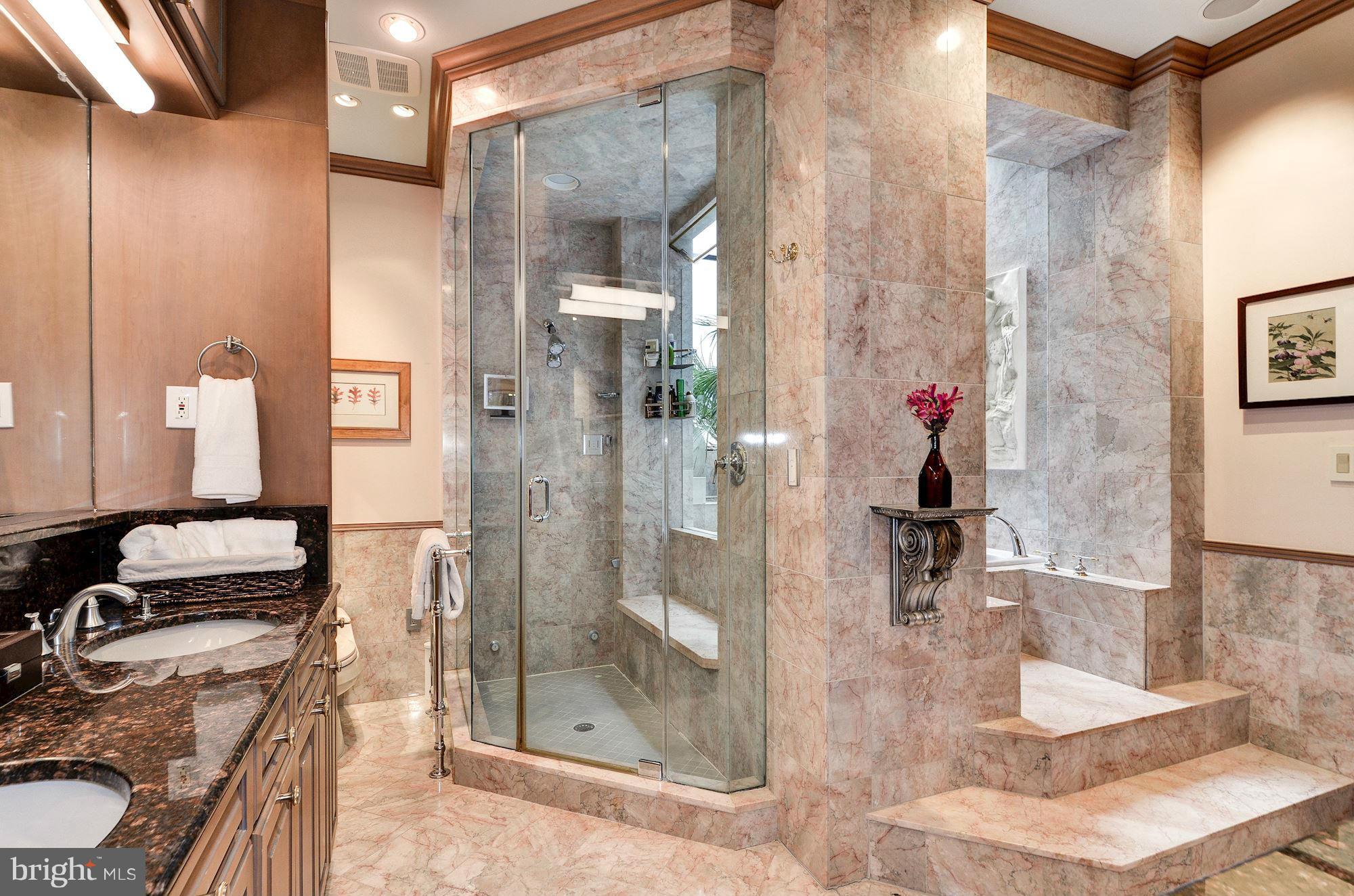 1733 Q Street Northwest Washington, DC 20009 - Photo 9 of 15 a bathroom with a granite countertop shower a sink and a mirror
