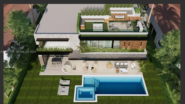 a view of a back yard from a balcony