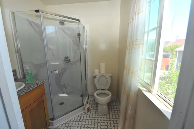 a bathroom with a shower and a toilet