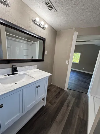 a bathroom with a sink and a mirror