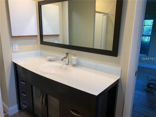 a bathroom with a sink vanity and a mirror
