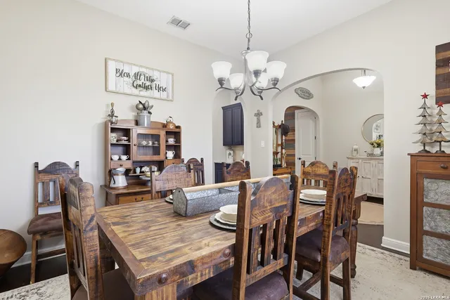 a view of a dining room with furniture
