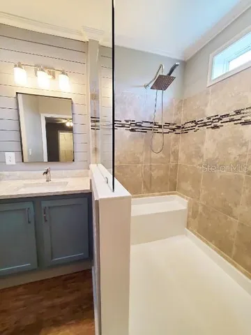 a bathroom with a bathtub a shower a sink and a mirror