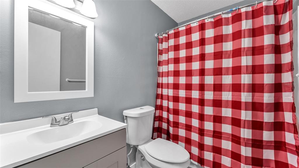13700 Pine Meadow Road Kathleen, FL 33849 - Photo 29 of 39 a bathroom with a sink a toilet a mirror and shower curtain