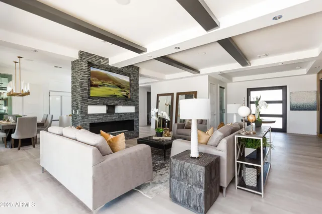 a living room with furniture fireplace and potted plants