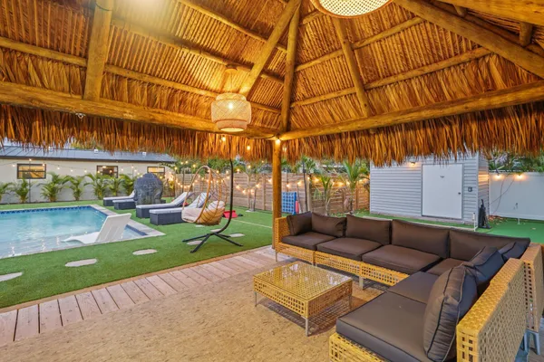a view of a yard with a patio
