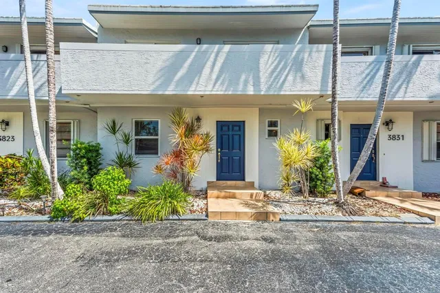 a view of a house with potted plants