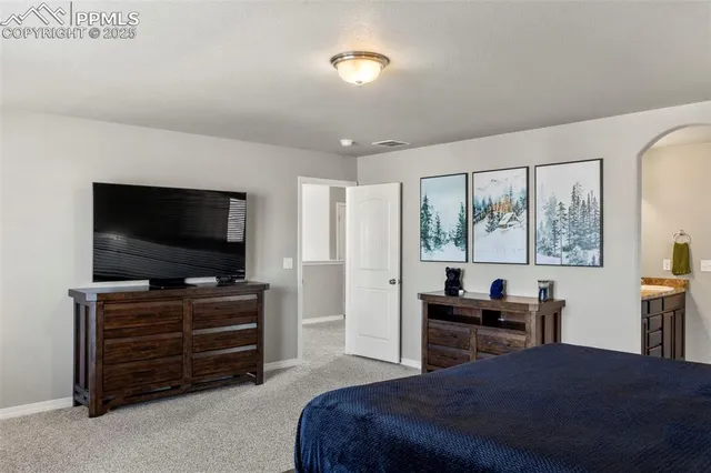 a bedroom with a bed and a flat screen tv