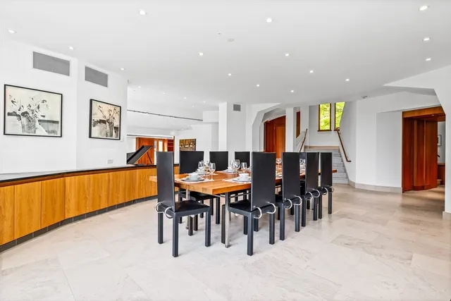 a view of a dining room with furniture