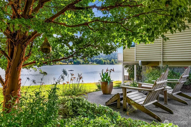 a garden view with a seating space