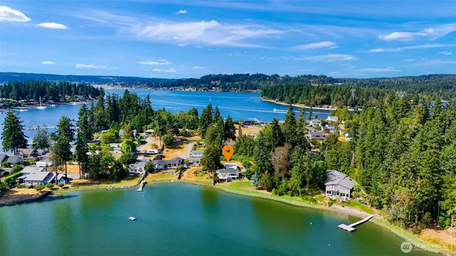 a view of a lake with a city