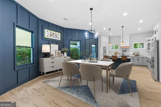 a view of a dining room with furniture