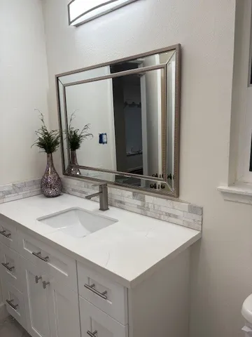 a bathroom with a sink and a mirror