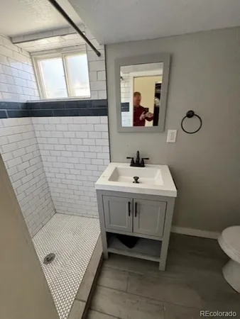 a bathroom with a sink a toilet and mirror