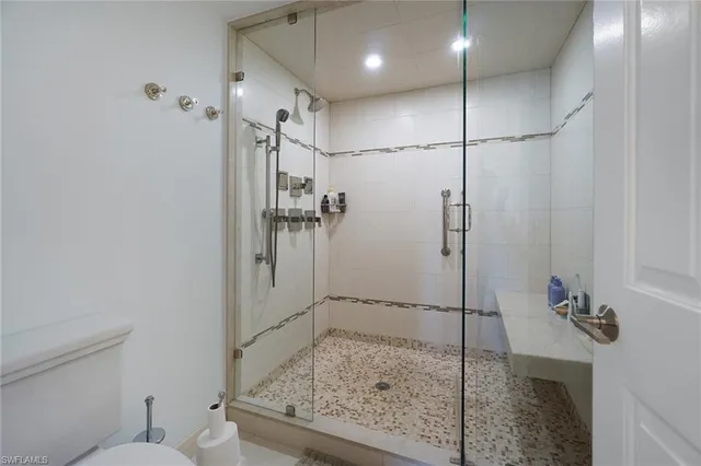 a bathroom with a shower and toilet