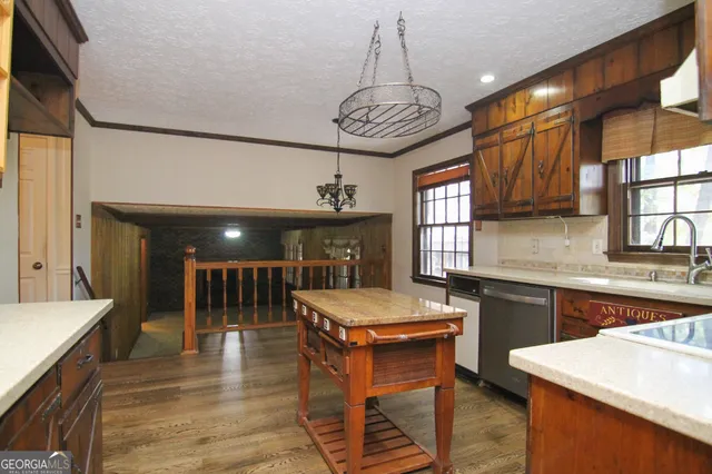 a kitchen with a counter space a sink appliances and cabinets