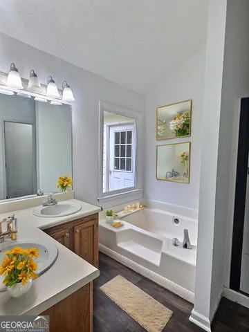 a bathroom with a tub double vanity sink and a mirror