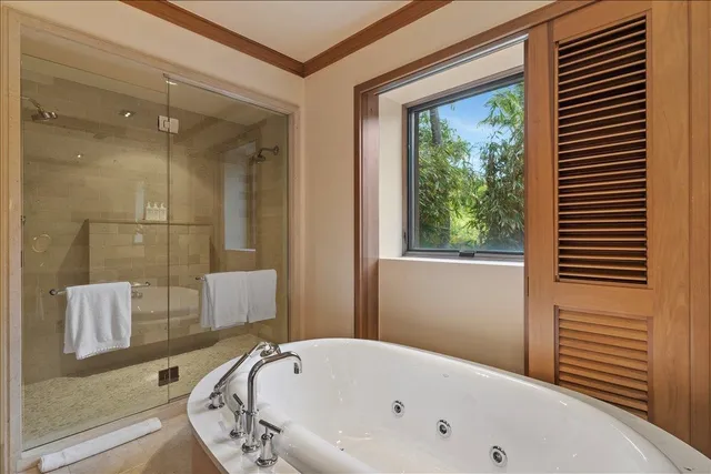 a bathroom with a bathtub and shower