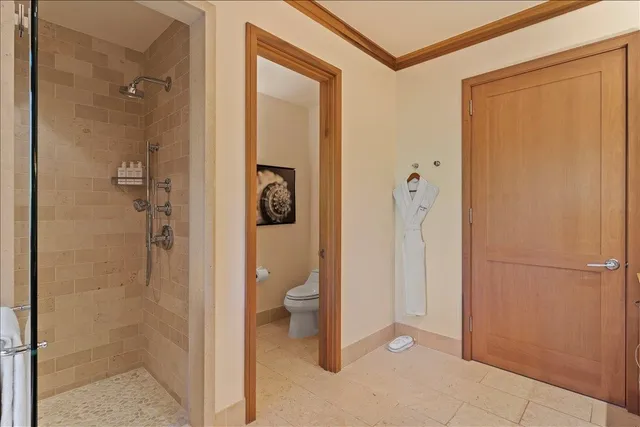 a bathroom with a granite countertop shower and a toilet