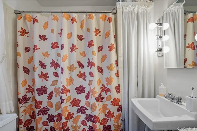 a bathroom with a sink and a curtain