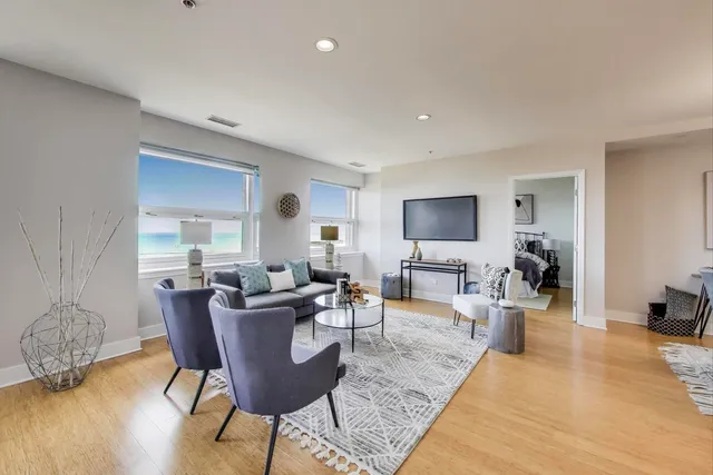 a view of a dining room with furniture