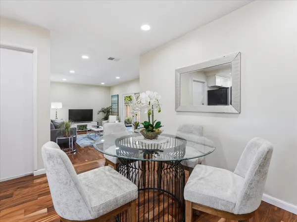 a view of a dining room with furniture