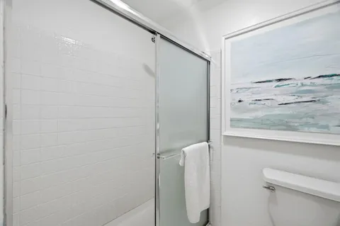 a bathroom with a shower and a toilet