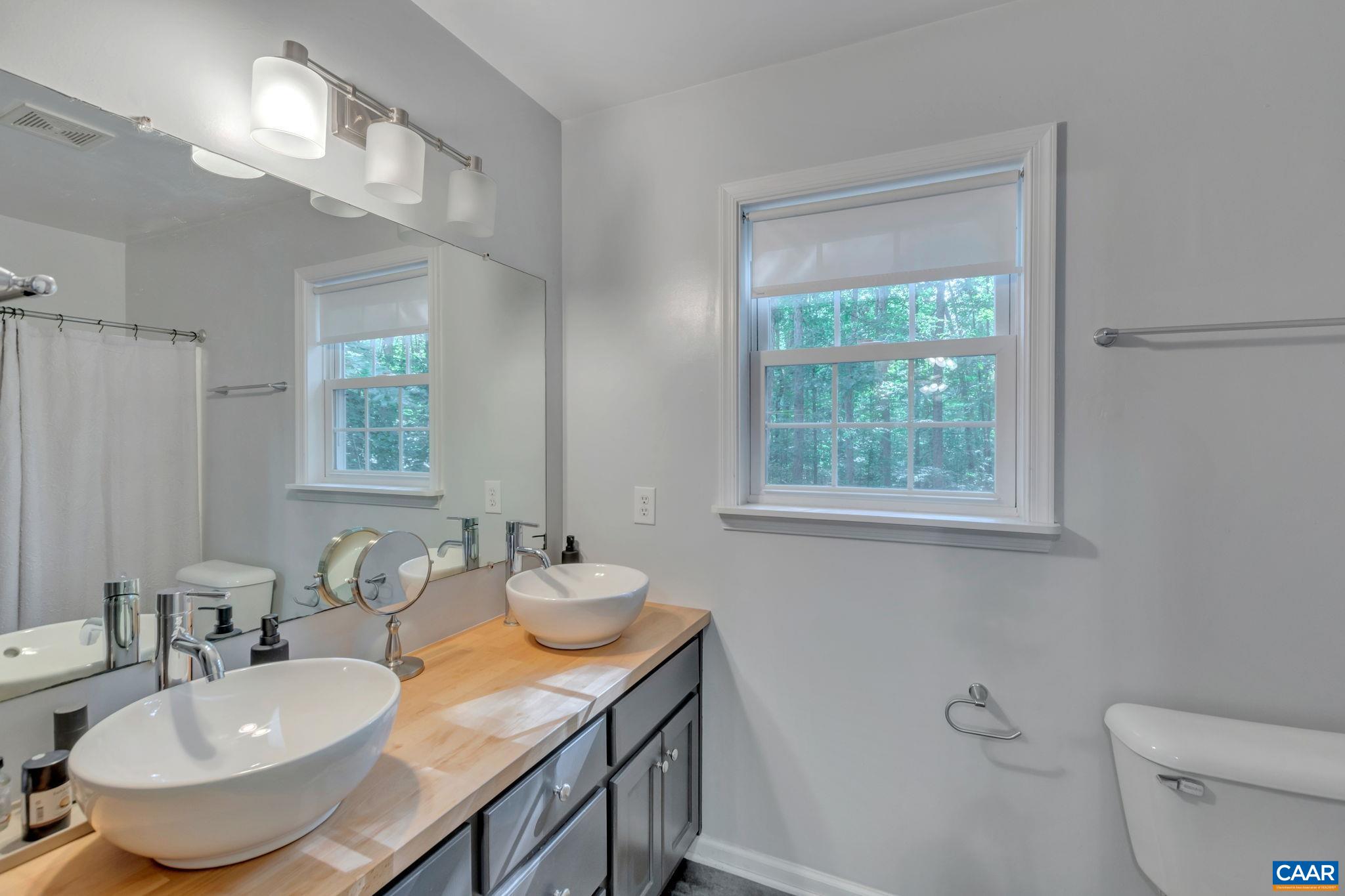 9 Colonial Road Palmyra, VA 22963 - Photo 22 of 49 a bathroom with a granite countertop sink a toilet and a mirror
