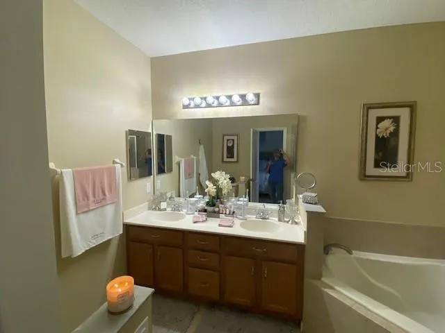 a bathroom with a tub double vanity sink and a mirror