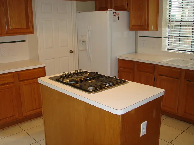 a kitchen with a stove and a refrigerator